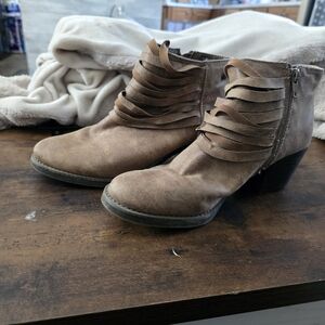 Fringed Suede Ankle Booties in Taupe